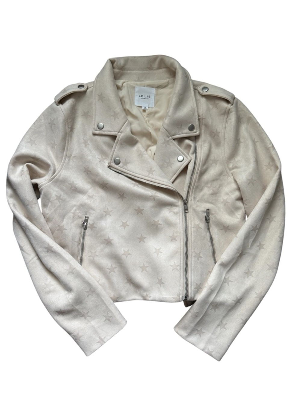 Le Lis Cream Faux Micro Suede Star Print Moto Jacket